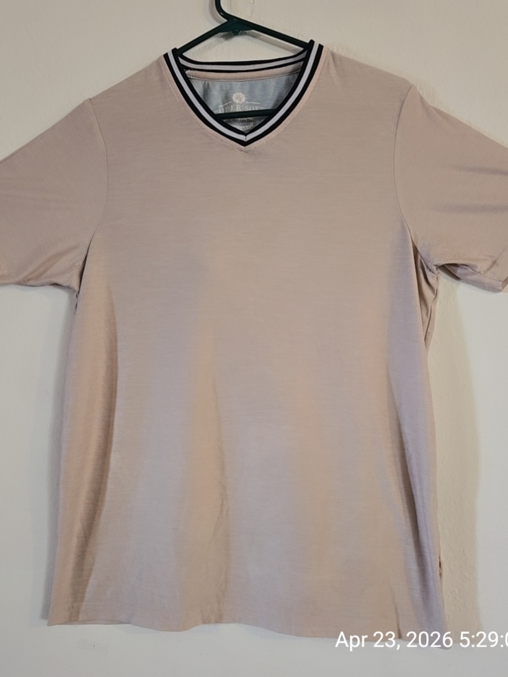 Men's V-Neck Short Sleeve Tee in Light Beige with Striped Collar